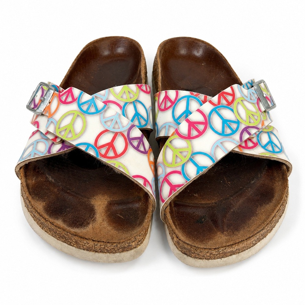 Birki's Birkenstocks 36 US 5 Sandals Slide Peace Sign Print Criss Cross Straps